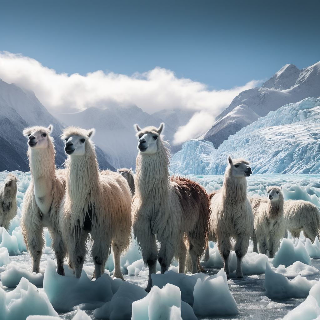 AI Image of Llamas at glacier - llamas revitalize the land