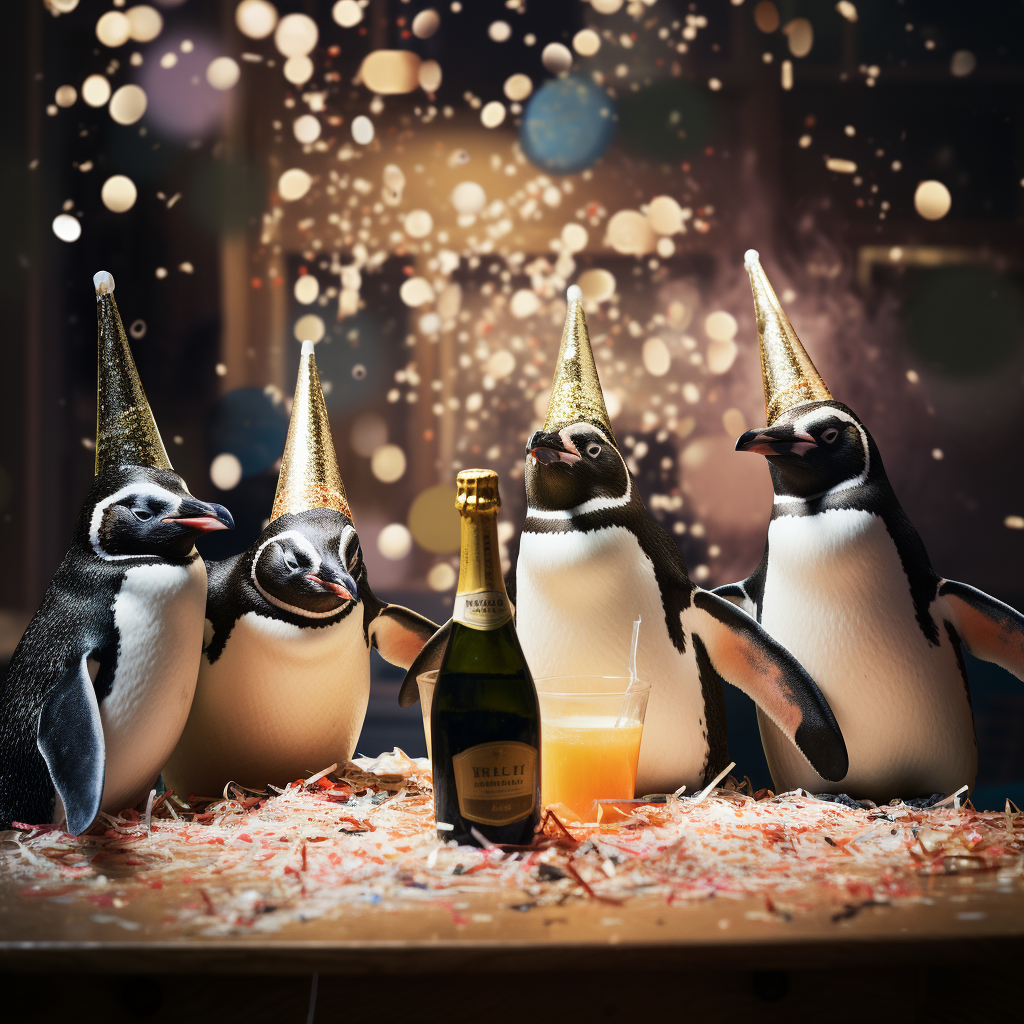AI image, penguins celebrating the new year - sustainable