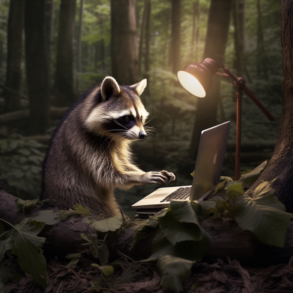 AI image, raccoon at computer - sustainable holiday