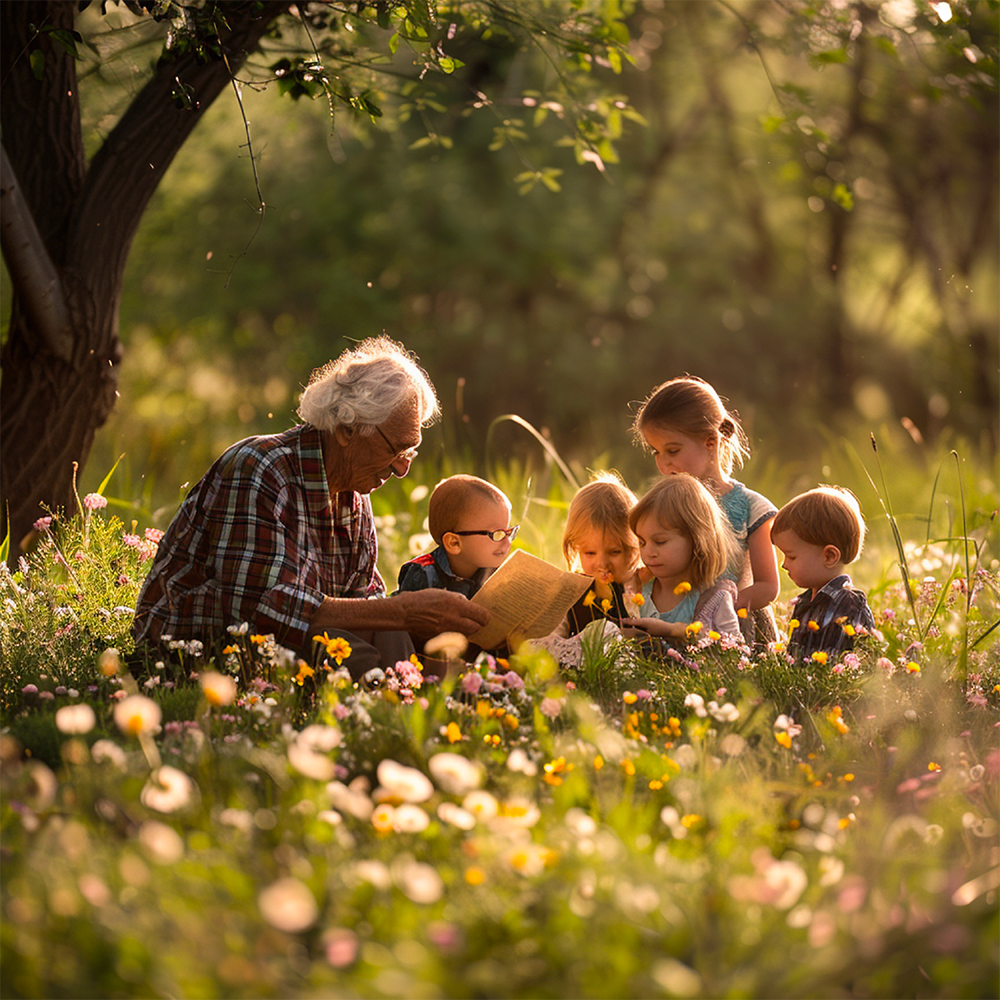 Elder teaching group of children in forest - Climate grannies