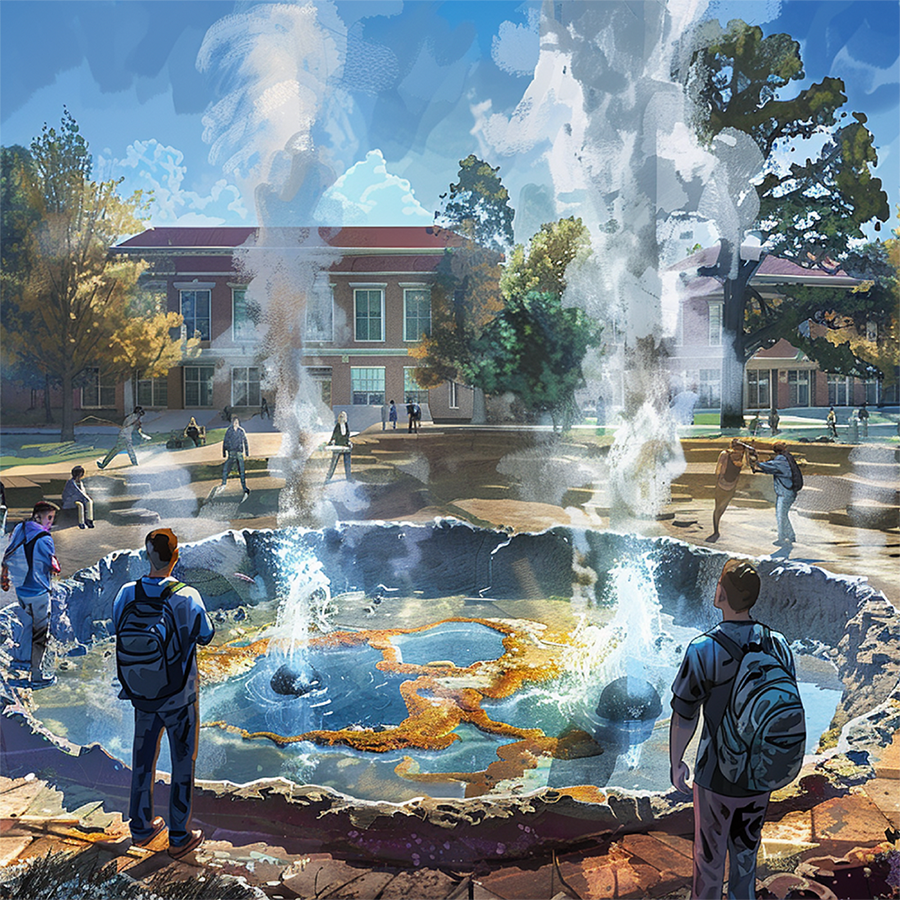 AI image of students surrounding geo thermal pool - Universities energy sources geothermal